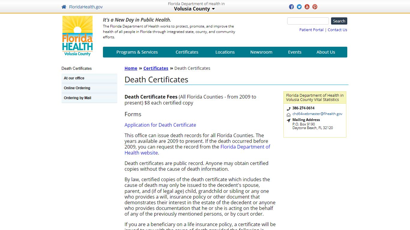 Death Certificates | Florida Department of Health in Volusia